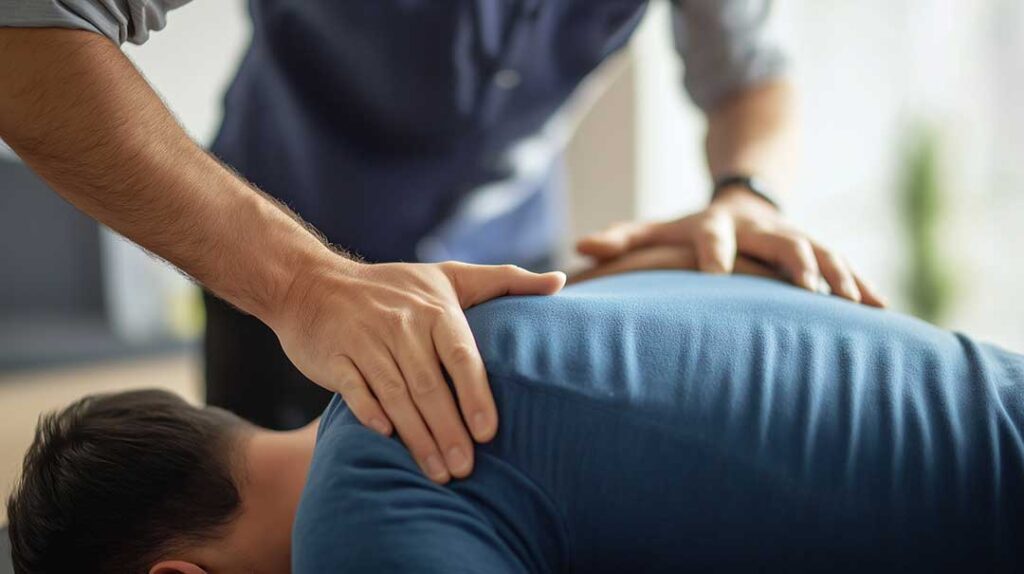 A chiropractor assesses a young athlete's posture and leg alignment in a bright clinic setting.